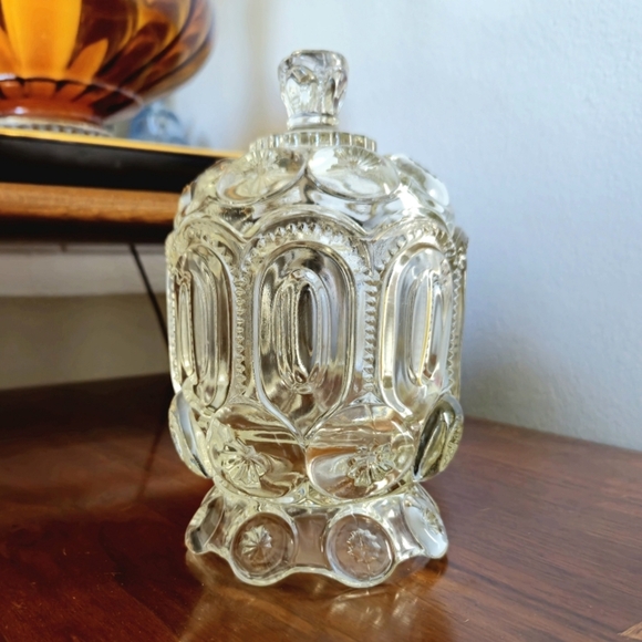 LE SMITH Moon And Star Clear Glass Covered Candy Dish Sugar Bowl 7.5" - Picture 1 of 4
